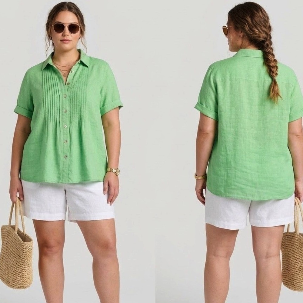 Foxcroft Taylor 100% Linen Pintuck Button Down Shirt Plus 22W Green Shaped Fit